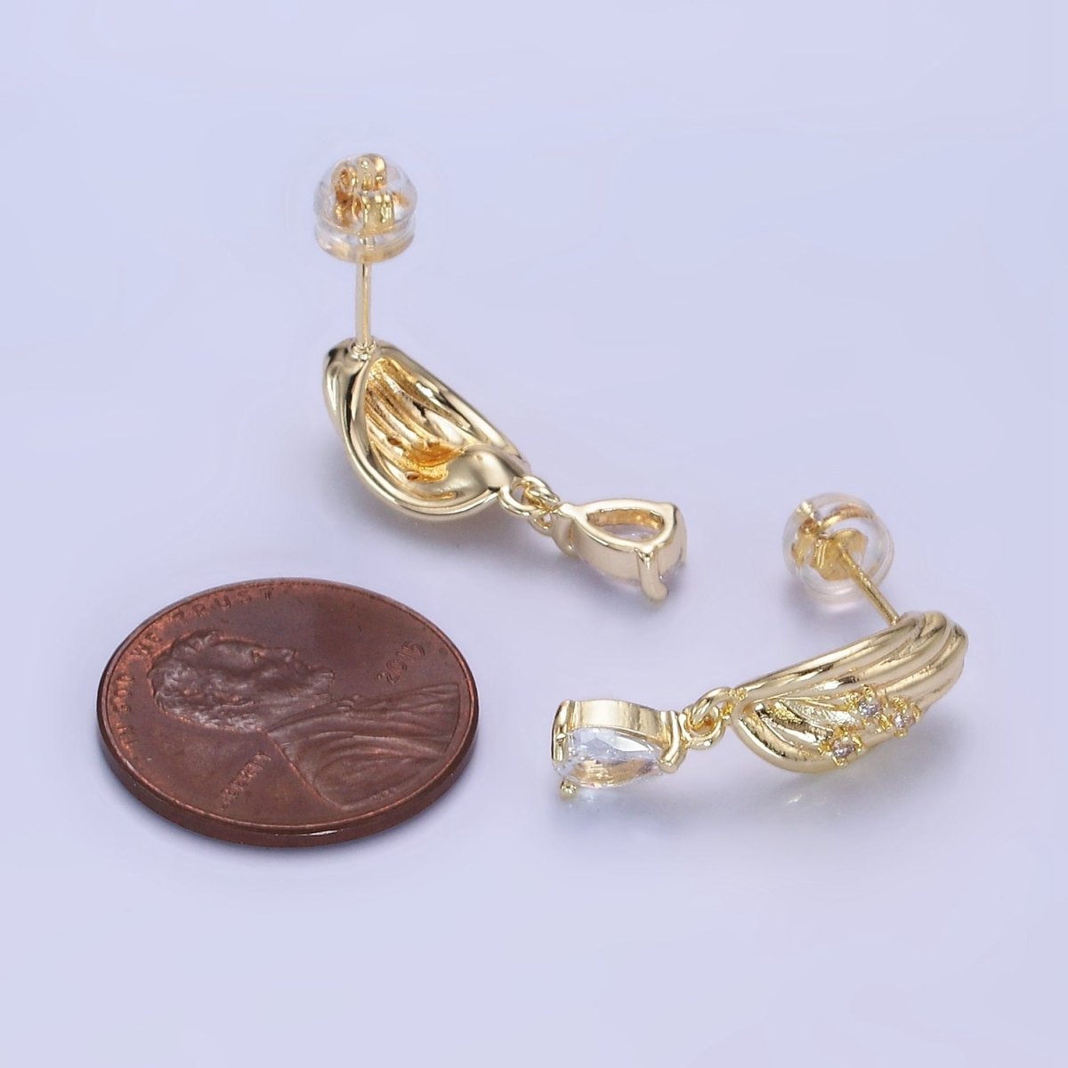 14K Gold plated Teardrop CZ Drop Croissant Stud Earrings | AB1146 - DLUXCA