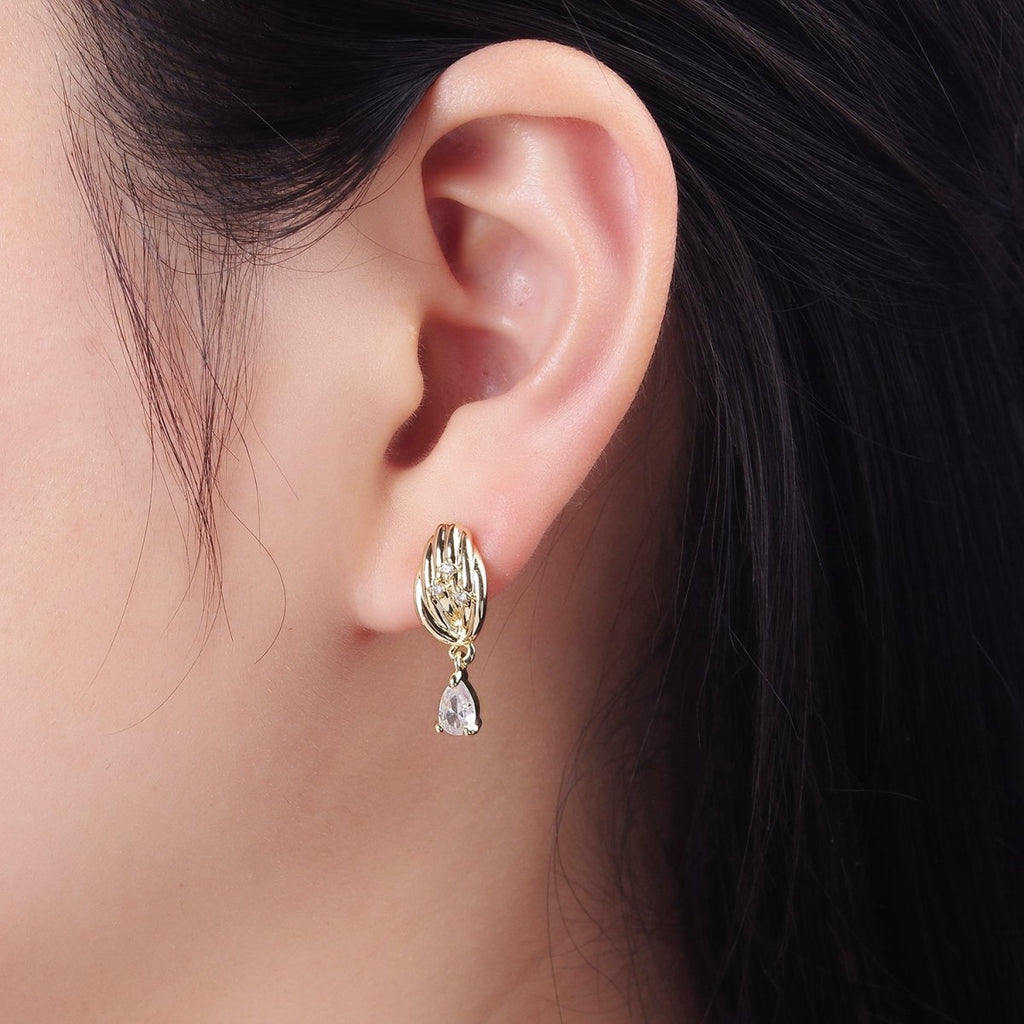 14K Gold plated Teardrop CZ Drop Croissant Stud Earrings | AB1146 - DLUXCA