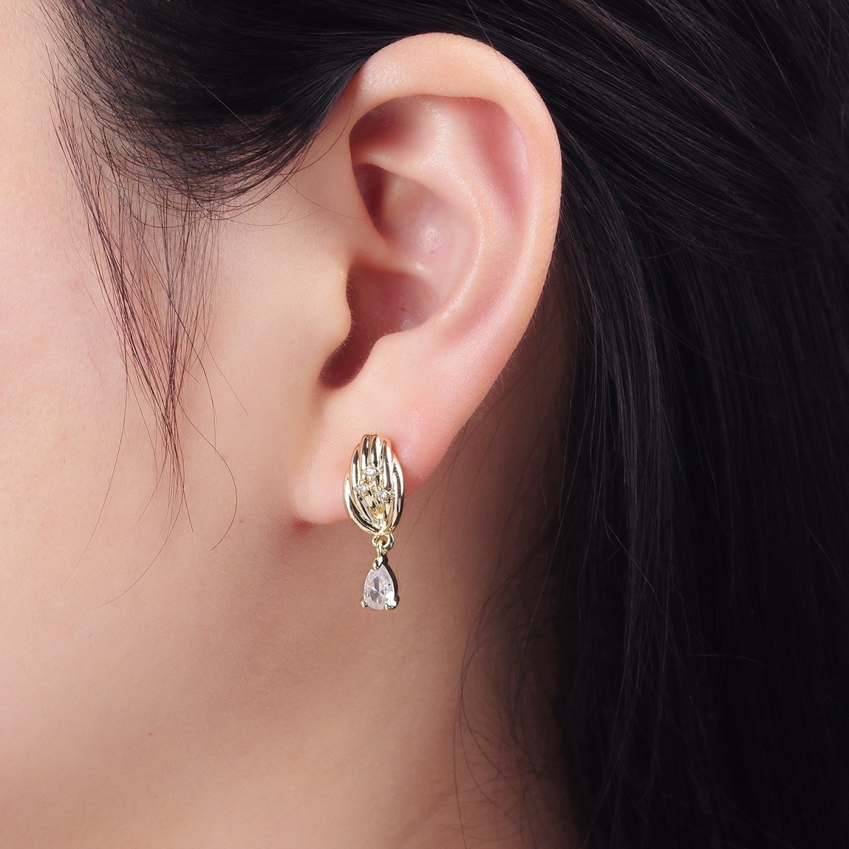 14K Gold plated Teardrop CZ Drop Croissant Stud Earrings | AB1146 - DLUXCA