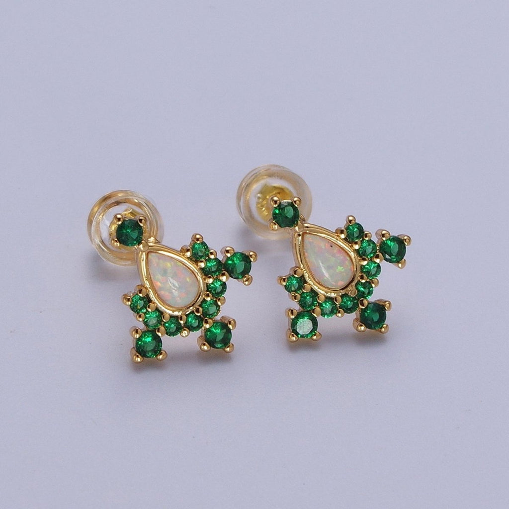 14K Gold plated Teardrop White Opal Green Cubic Zirconia Stud Earrings | Y-104 - DLUXCA