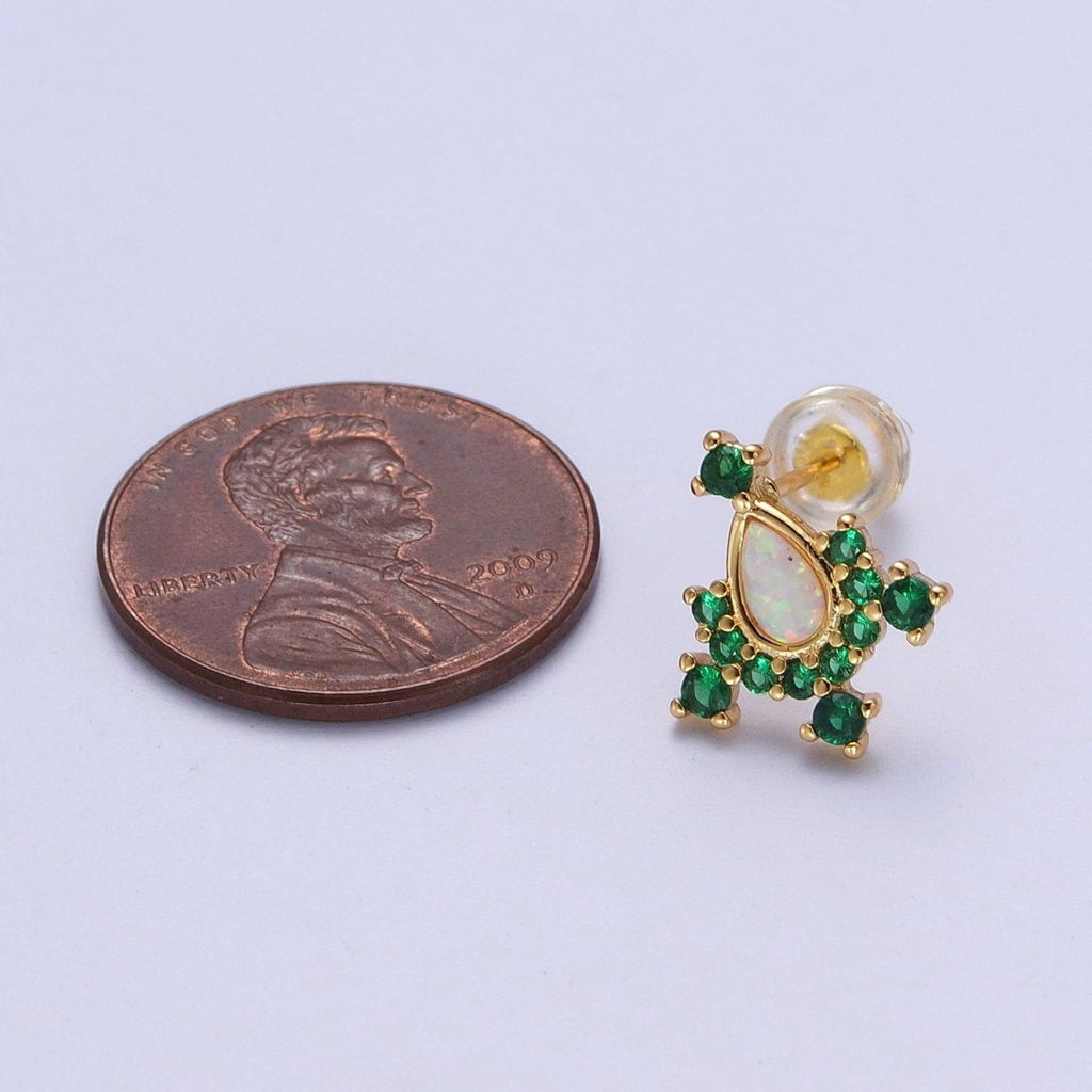 14K Gold plated Teardrop White Opal Green Cubic Zirconia Stud Earrings | Y-104 - DLUXCA