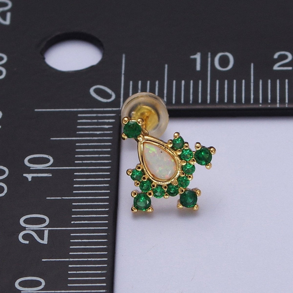 14K Gold plated Teardrop White Opal Green Cubic Zirconia Stud Earrings | Y-104 - DLUXCA