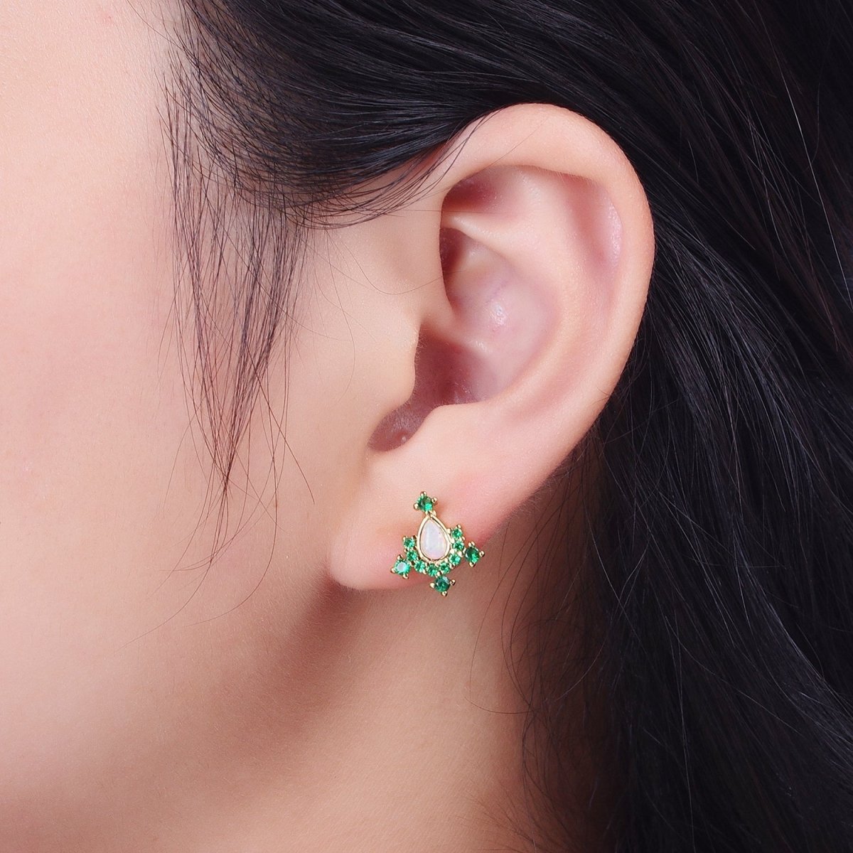 14K Gold plated Teardrop White Opal Green Cubic Zirconia Stud Earrings | Y-104 - DLUXCA