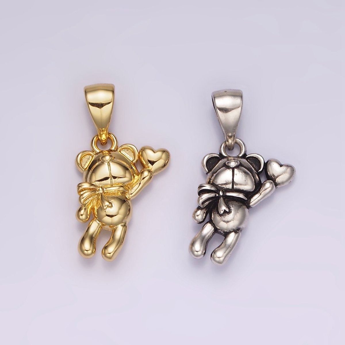 14K Gold plated Teddy Bear Animal Scarf Heart Puffed Pendant in Gold & Silver | AH126