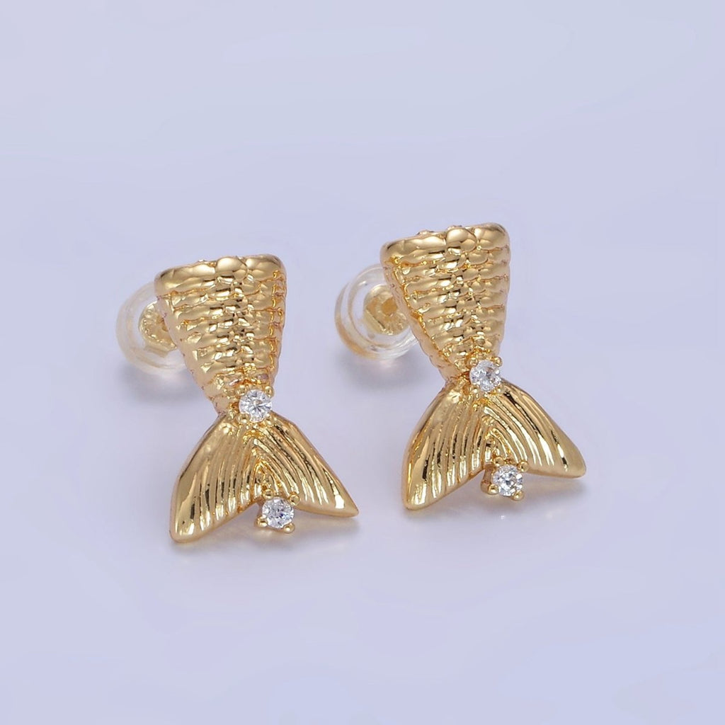 14K Gold plated Textured Mermaid Fish Tail CZ Stud Earrings | Q231 - DLUXCA