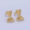 14K Gold plated Textured Mermaid Fish Tail CZ Stud Earrings | Q231 - DLUXCA