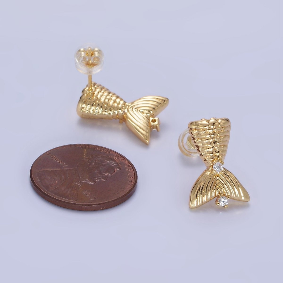 14K Gold plated Textured Mermaid Fish Tail CZ Stud Earrings | Q231 - DLUXCA