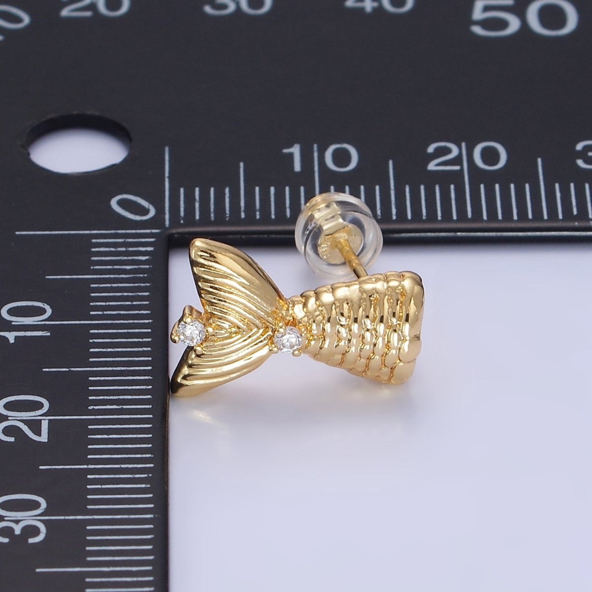 14K Gold plated Textured Mermaid Fish Tail CZ Stud Earrings | Q231 - DLUXCA