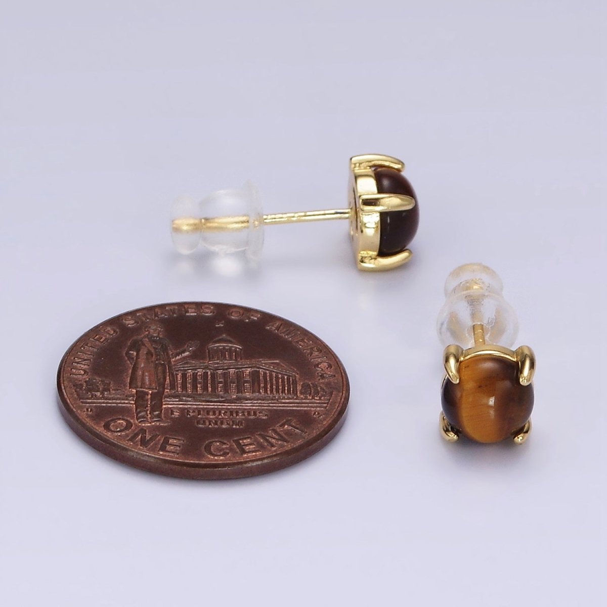 14K Gold plated Tiger Eye Gemstone Oval Minimalist Stud Earrings | AE115 - DLUXCA
