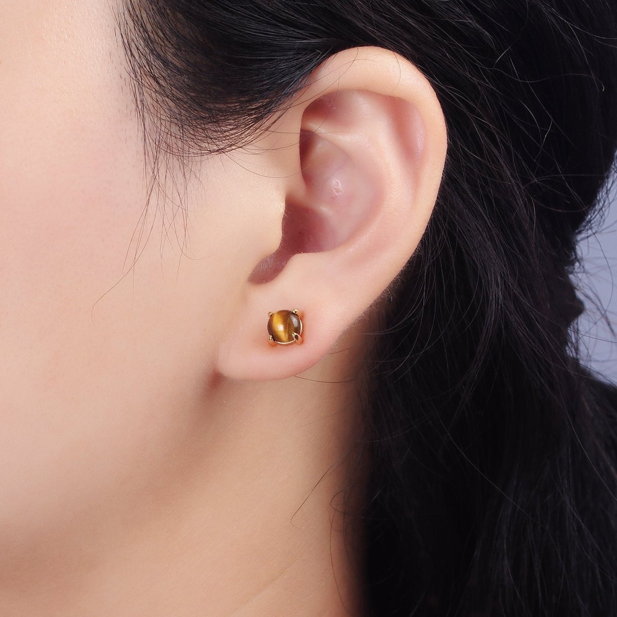 14K Gold plated Tiger Eye Gemstone Oval Minimalist Stud Earrings | AE115 - DLUXCA