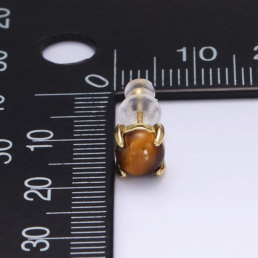 14K Gold plated Tiger Eye Gemstone Oval Minimalist Stud Earrings | AE115 - DLUXCA