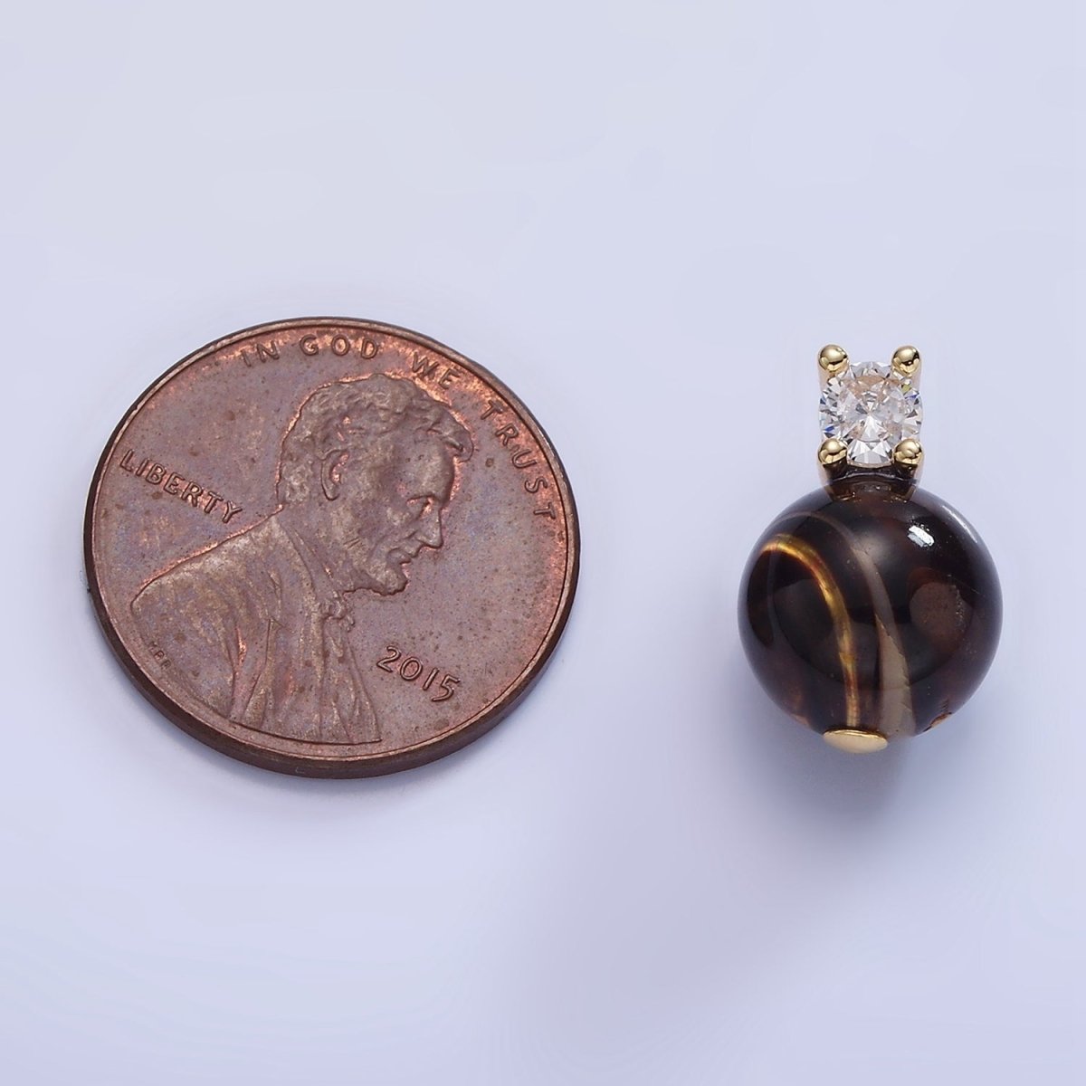 14K Gold plated Tiger Eye Gemstone Round CZ Drop Pendant | P1791 - DLUXCA