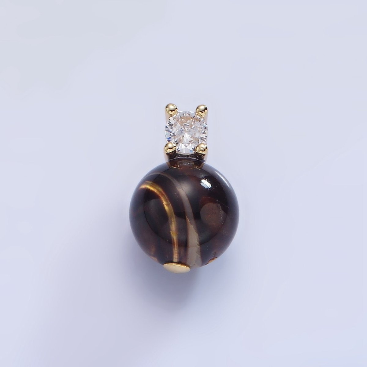 14K Gold plated Tiger Eye Gemstone Round CZ Drop Pendant | P1791 - DLUXCA
