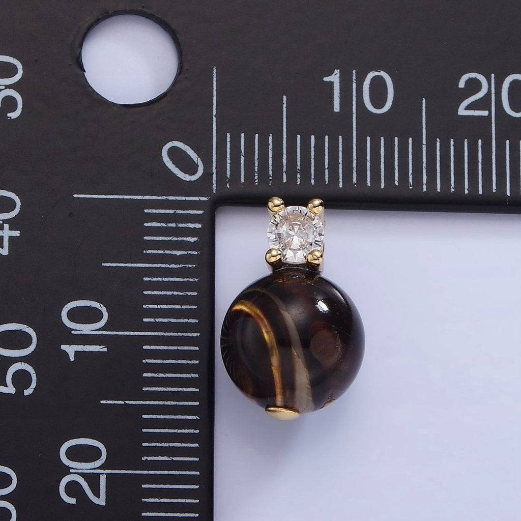 14K Gold plated Tiger Eye Gemstone Round CZ Drop Pendant | P1791 - DLUXCA