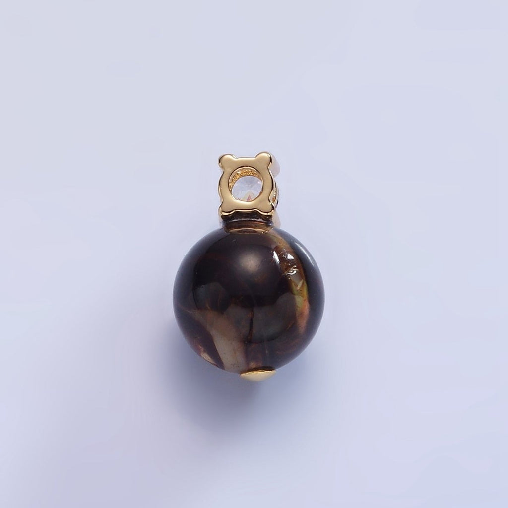 14K Gold plated Tiger Eye Gemstone Round CZ Drop Pendant | P1791 - DLUXCA