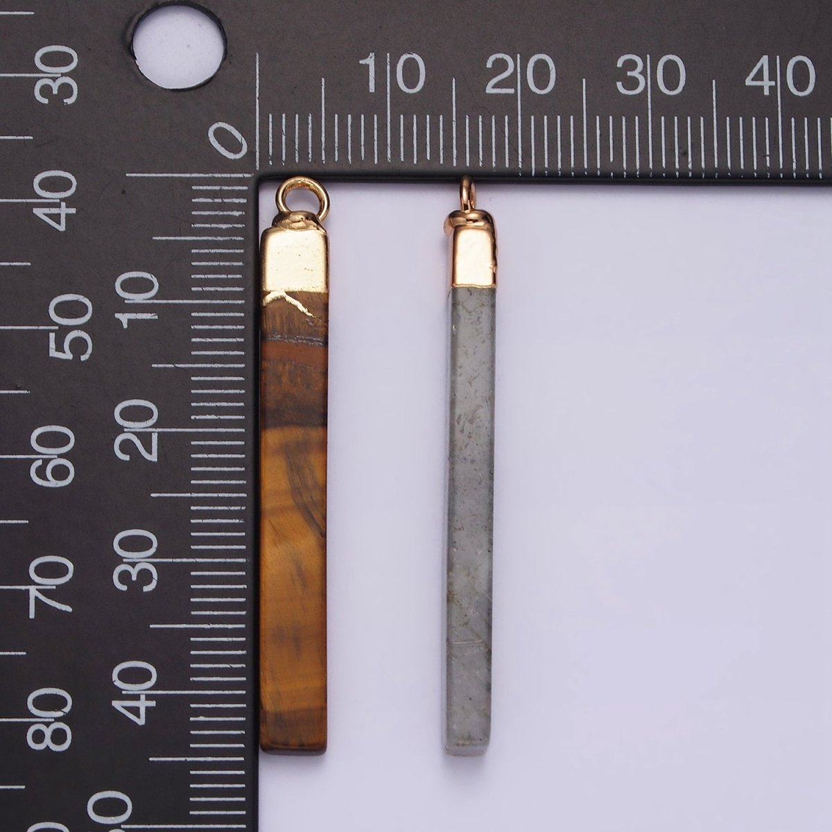 14K Gold plated Tiger Eye, Howlite, Rose Quartz, Amethyst, Labradorite Foiled Rectangular Bar Tag Charm | N1700 - N1704 - DLUXCA