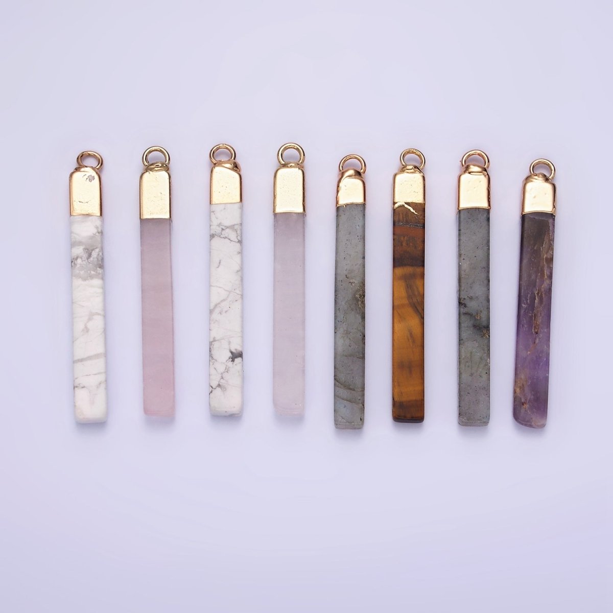 14K Gold plated Tiger Eye, Howlite, Rose Quartz, Amethyst, Labradorite Foiled Rectangular Bar Tag Charm | N1700 - N1704 - DLUXCA
