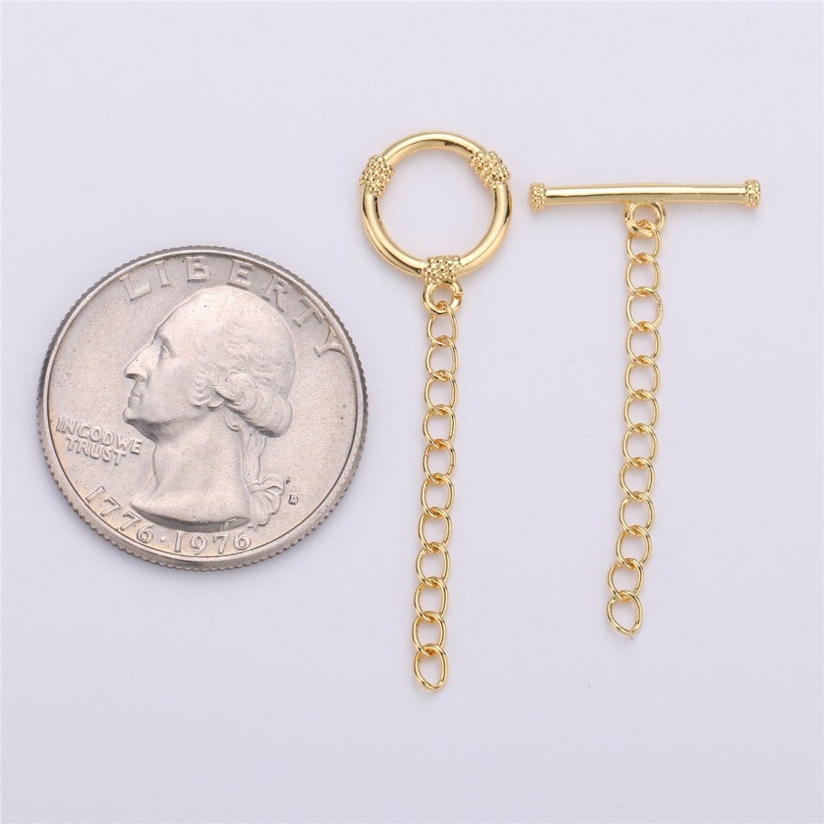 14K Gold plated Toggle Clasp with CZ On Charm, 12mmx12mm Hoop Charm and 10mmx2mm Bar. Extender Chain is 32mm 1.5inches You Can Cut K-459 - DLUXCA