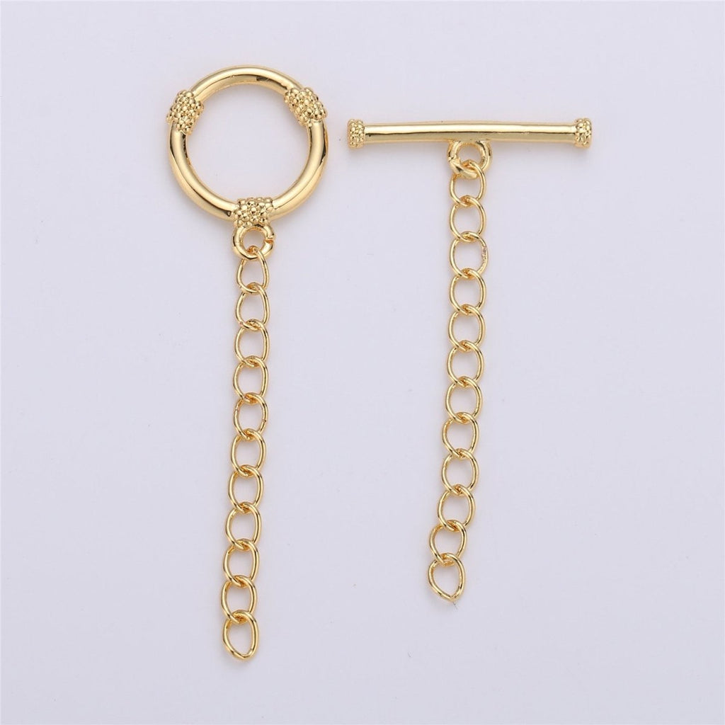 14K Gold plated Toggle Clasp with CZ On Charm, 12mmx12mm Hoop Charm and 10mmx2mm Bar. Extender Chain is 32mm 1.5inches You Can Cut K-459 - DLUXCA