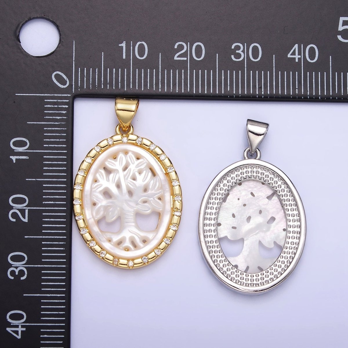 14K Gold plated Tree Nature Shell Pearl CZ Dotted Bezel Oval Pendant in Gold & Silver | AA1257
