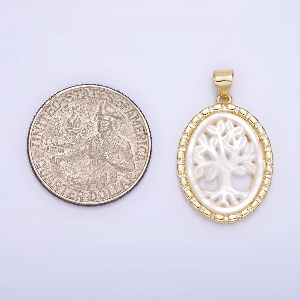 14K Gold plated Tree Nature Shell Pearl CZ Dotted Bezel Oval Pendant in Gold & Silver | AA1257