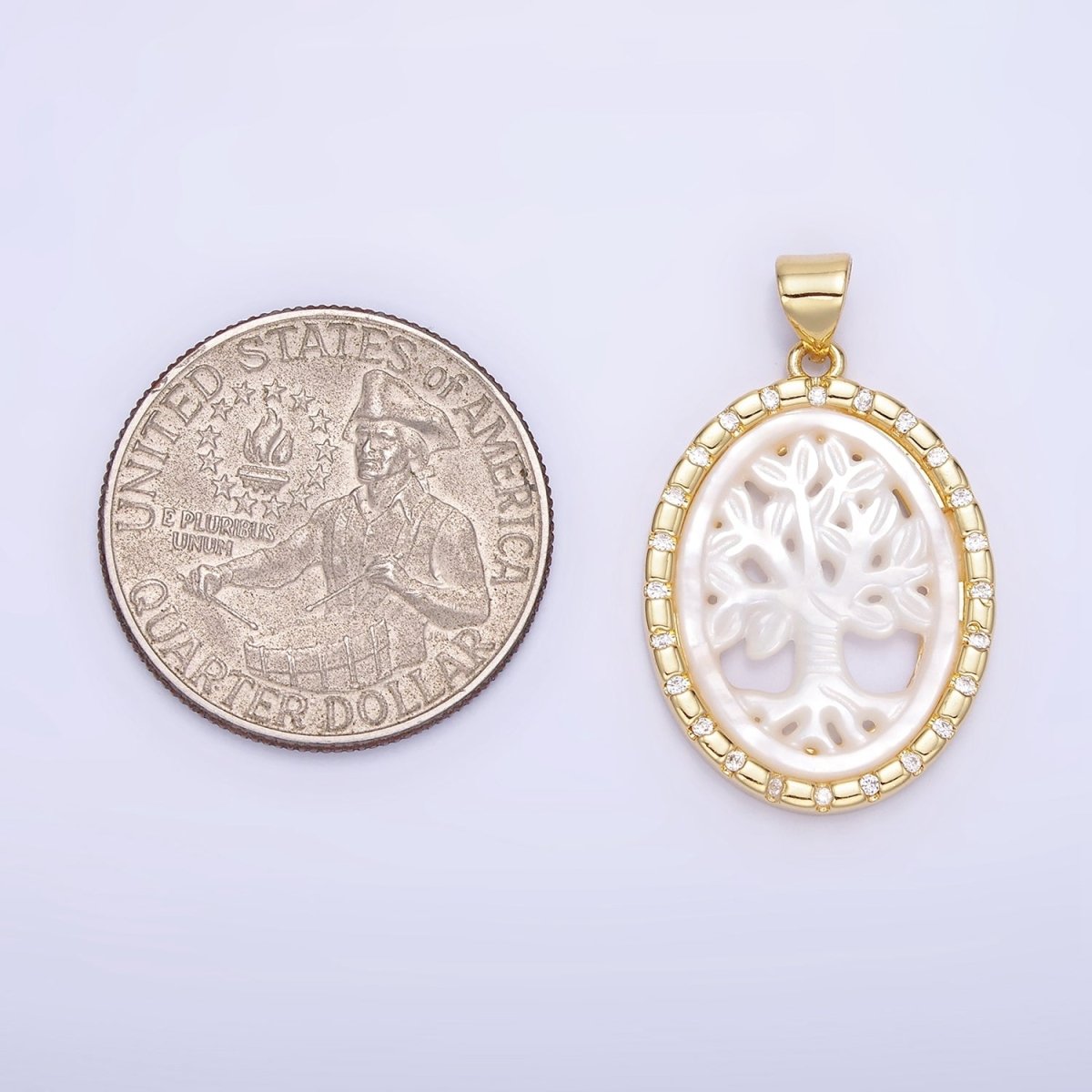 14K Gold plated Tree Nature Shell Pearl CZ Dotted Bezel Oval Pendant in Gold & Silver | AA1257
