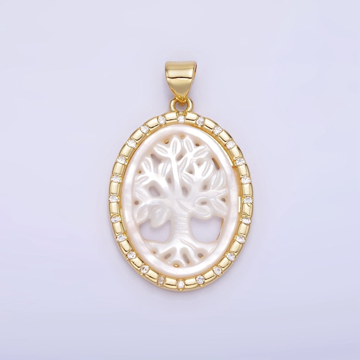 14K Gold plated Tree Nature Shell Pearl CZ Dotted Bezel Oval Pendant in Gold & Silver | AA1257