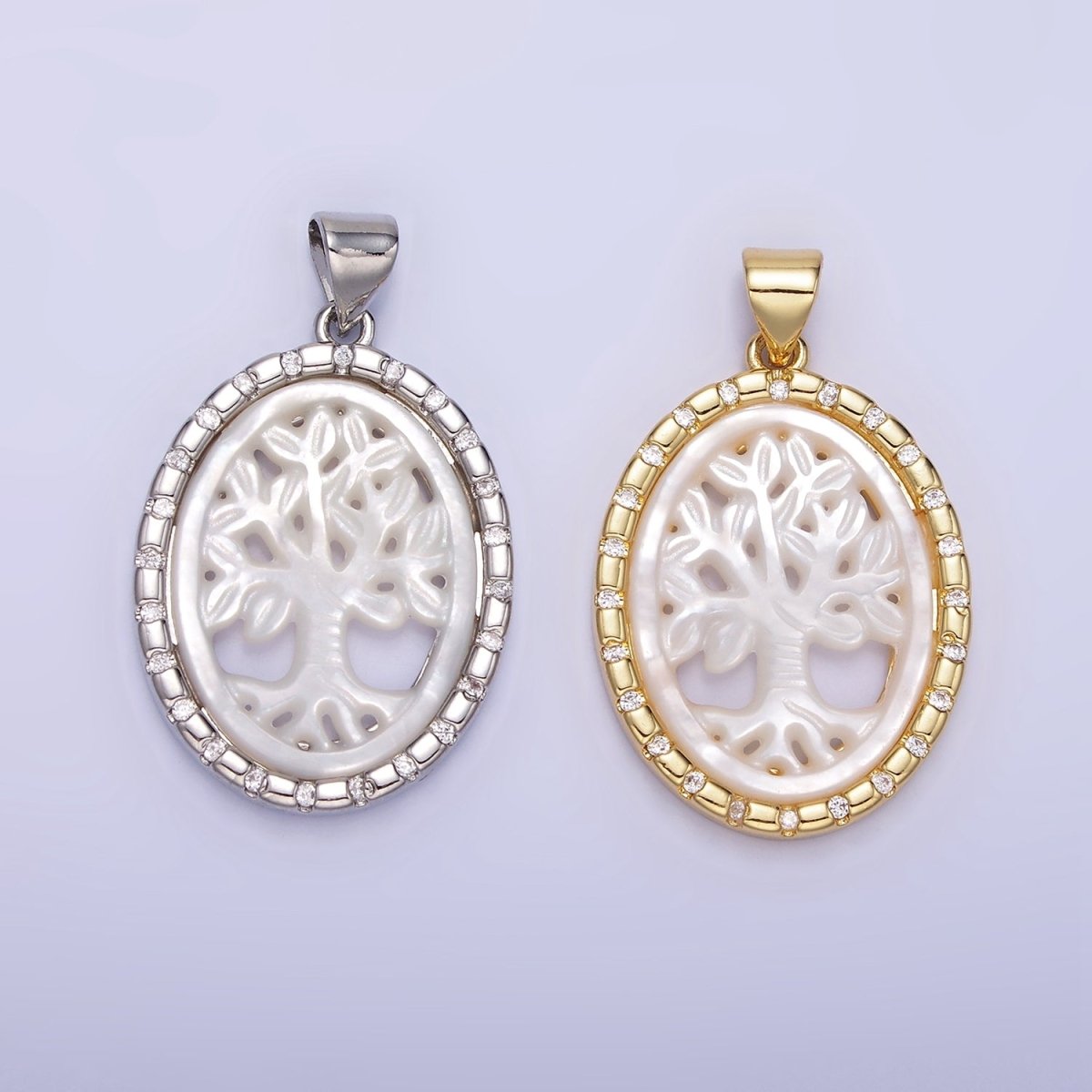 14K Gold plated Tree Nature Shell Pearl CZ Dotted Bezel Oval Pendant in Gold & Silver | AA1257