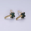 14K Gold plated Tree Palm Leaf Green Micro Paved CZ Stud Earrings | AE921 - DLUXCA