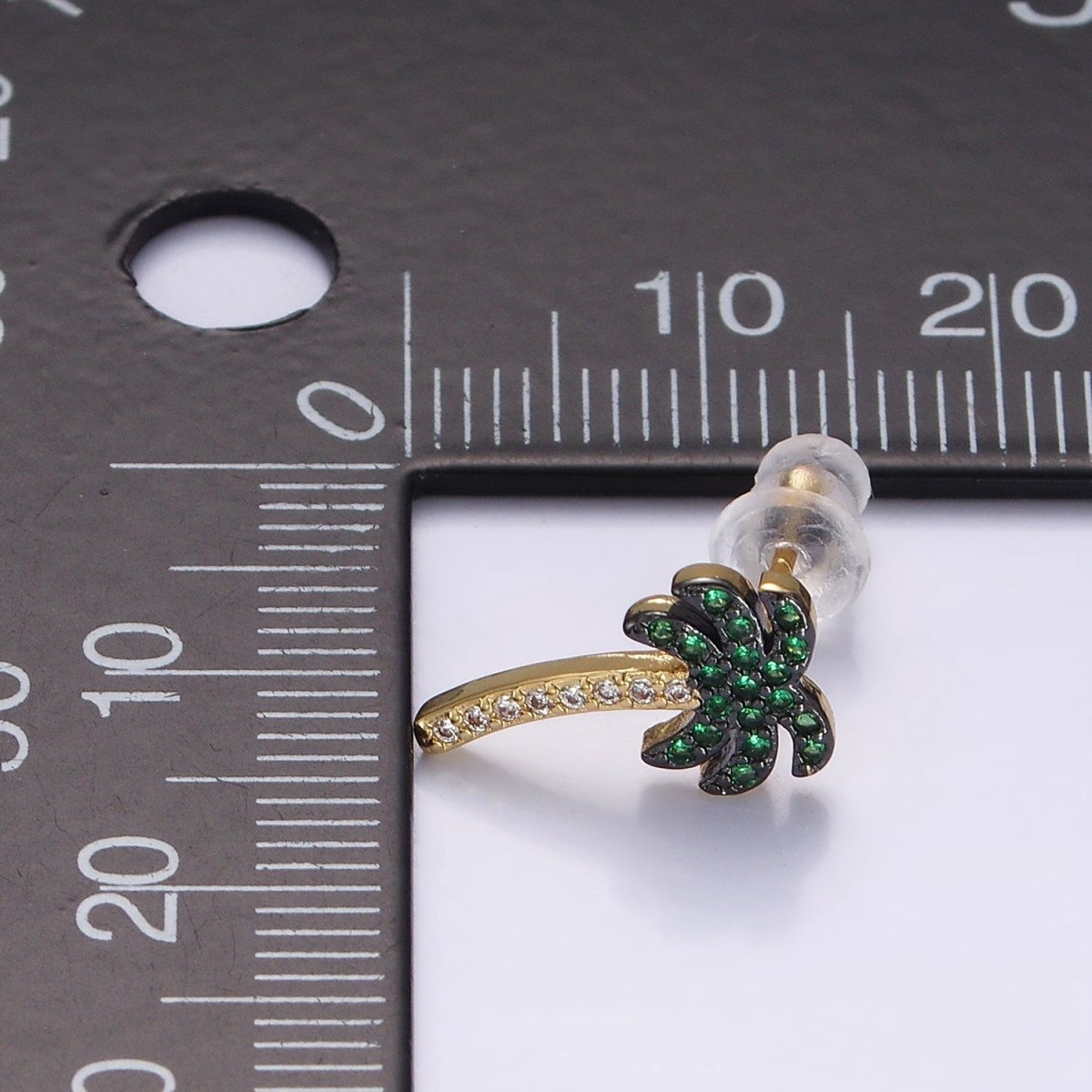 14K Gold plated Tree Palm Leaf Green Micro Paved CZ Stud Earrings | AE921 - DLUXCA