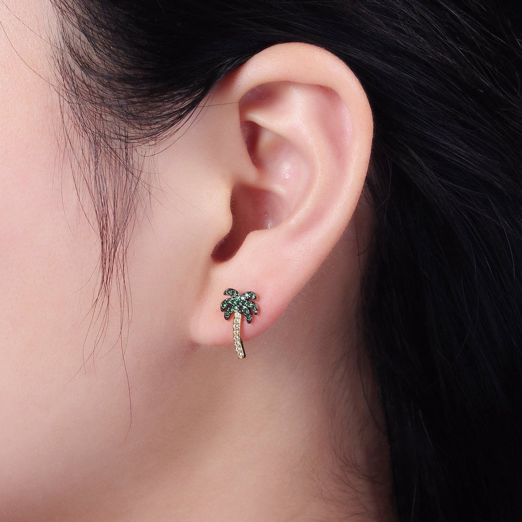 14K Gold plated Tree Palm Leaf Green Micro Paved CZ Stud Earrings | AE921 - DLUXCA