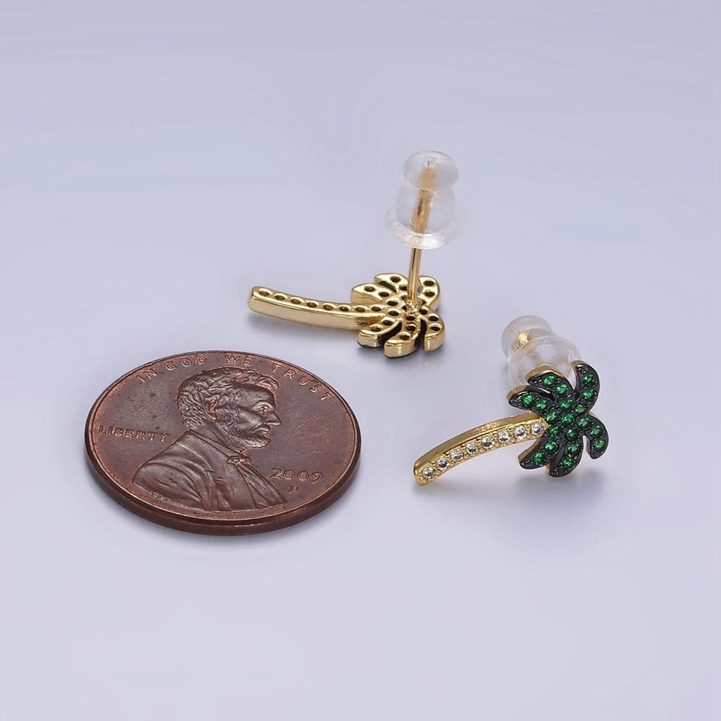 14K Gold plated Tree Palm Leaf Green Micro Paved CZ Stud Earrings | AE921 - DLUXCA