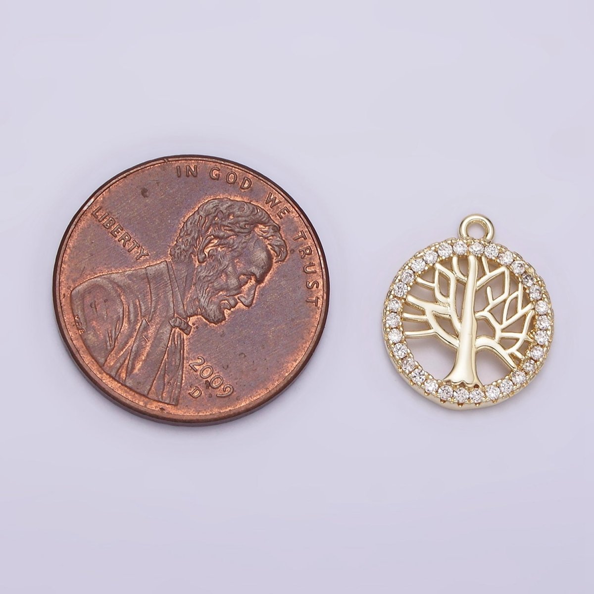 14K Gold plated Tree Plant Open Clear Micro Paved CZ Round Charm | N1018 - DLUXCA
