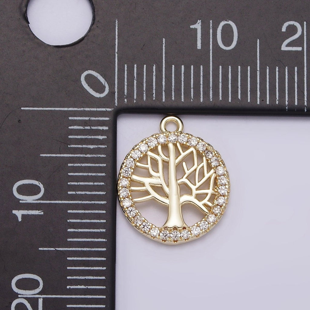 14K Gold plated Tree Plant Open Clear Micro Paved CZ Round Charm | N1018 - DLUXCA