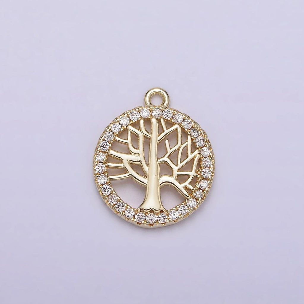 14K Gold plated Tree Plant Open Clear Micro Paved CZ Round Charm | N1018 - DLUXCA