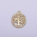 14K Gold plated Tree Plant Open Clear Micro Paved CZ Round Charm | N1018 - DLUXCA
