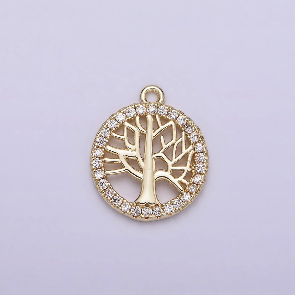 14K Gold plated Tree Plant Open Clear Micro Paved CZ Round Charm | N1018 - DLUXCA