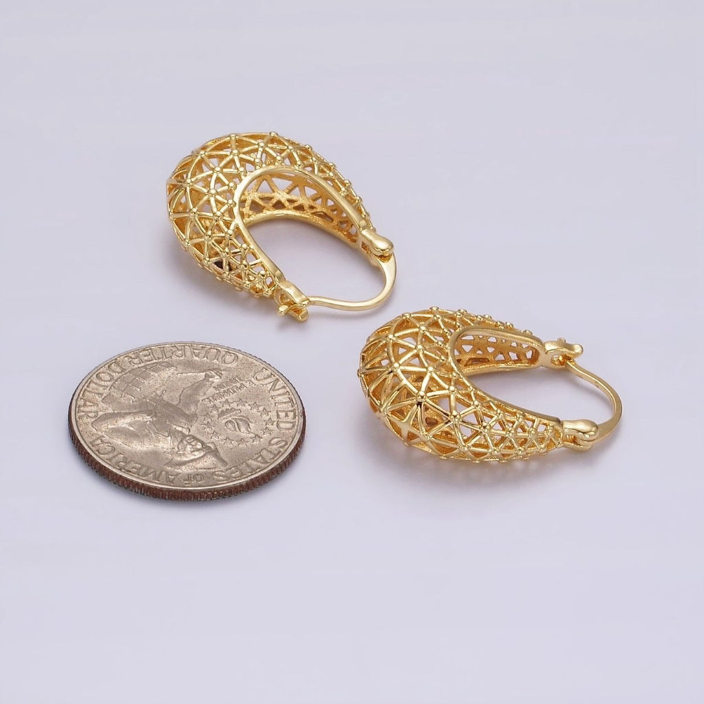 14K Gold plated Triangle Filigree Open Dome French Lock Latch Hoop Earrings | AE220 - DLUXCA