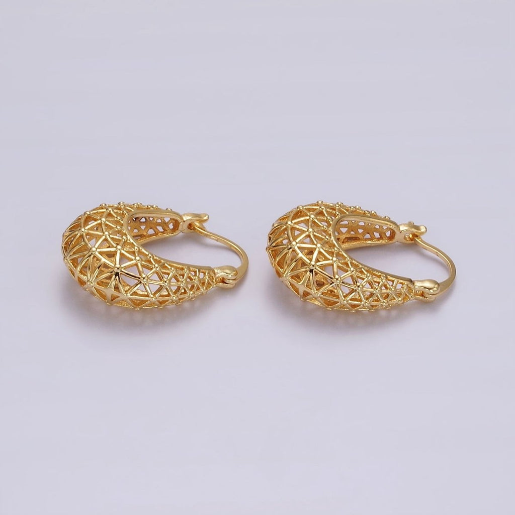 14K Gold plated Triangle Filigree Open Dome French Lock Latch Hoop Earrings | AE220 - DLUXCA