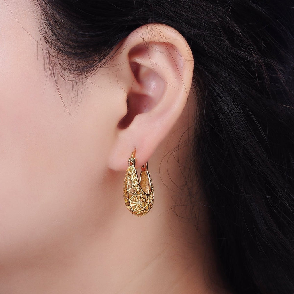 14K Gold plated Triangle Filigree Open Dome French Lock Latch Hoop Earrings | AE220 - DLUXCA