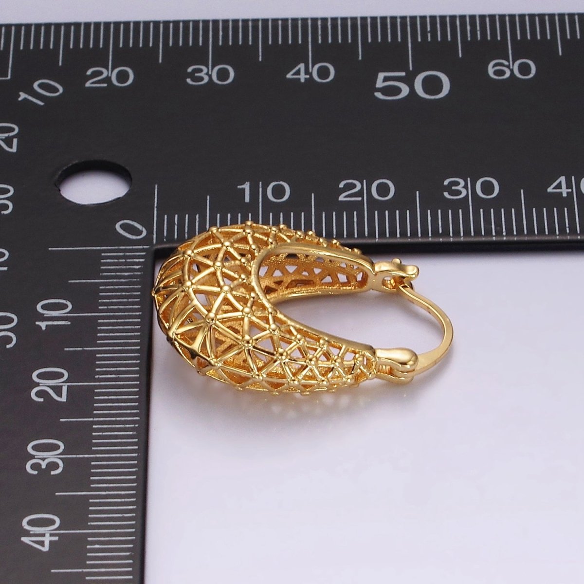 14K Gold plated Triangle Filigree Open Dome French Lock Latch Hoop Earrings | AE220 - DLUXCA