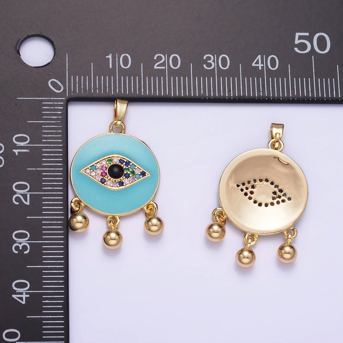 14K Gold plated Triple Bead Drop Multicolor Micro Paved CZ Evil Eye Teal Enamel Round Pendant | AA1172 - DLUXCA