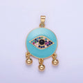 14K Gold plated Triple Bead Drop Multicolor Micro Paved CZ Evil Eye Teal Enamel Round Pendant | AA1172 - DLUXCA