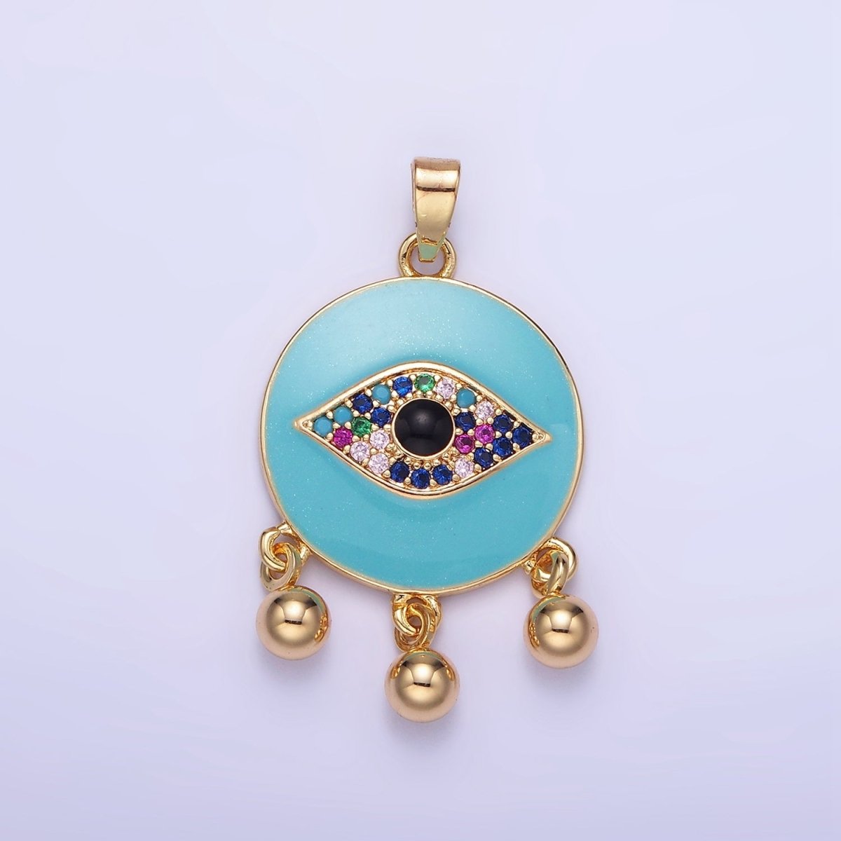 14K Gold plated Triple Bead Drop Multicolor Micro Paved CZ Evil Eye Teal Enamel Round Pendant | AA1172 - DLUXCA
