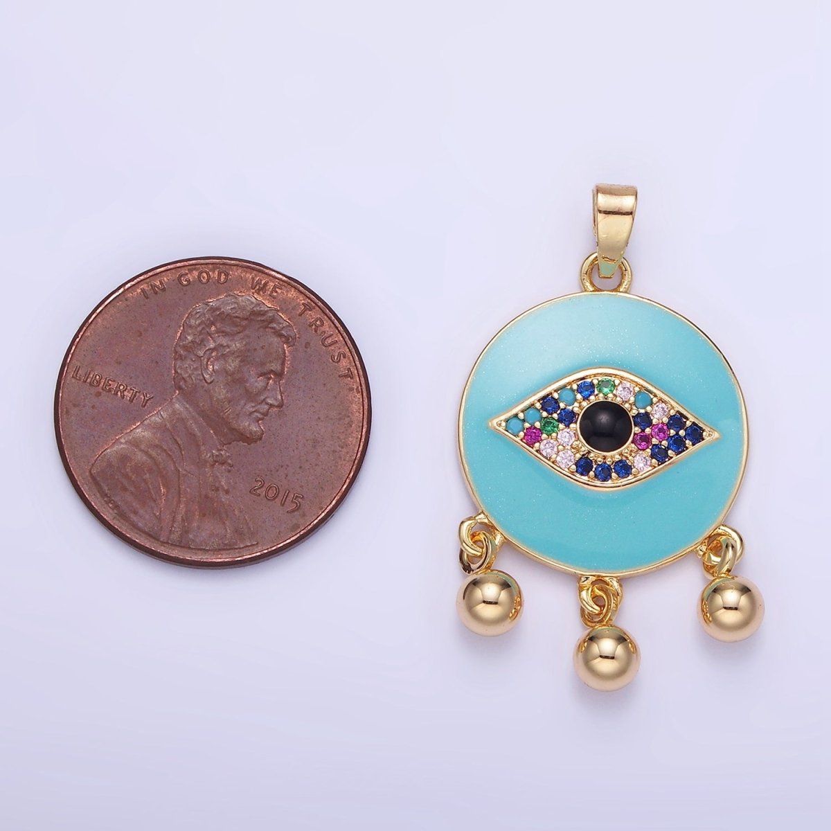 14K Gold plated Triple Bead Drop Multicolor Micro Paved CZ Evil Eye Teal Enamel Round Pendant | AA1172 - DLUXCA