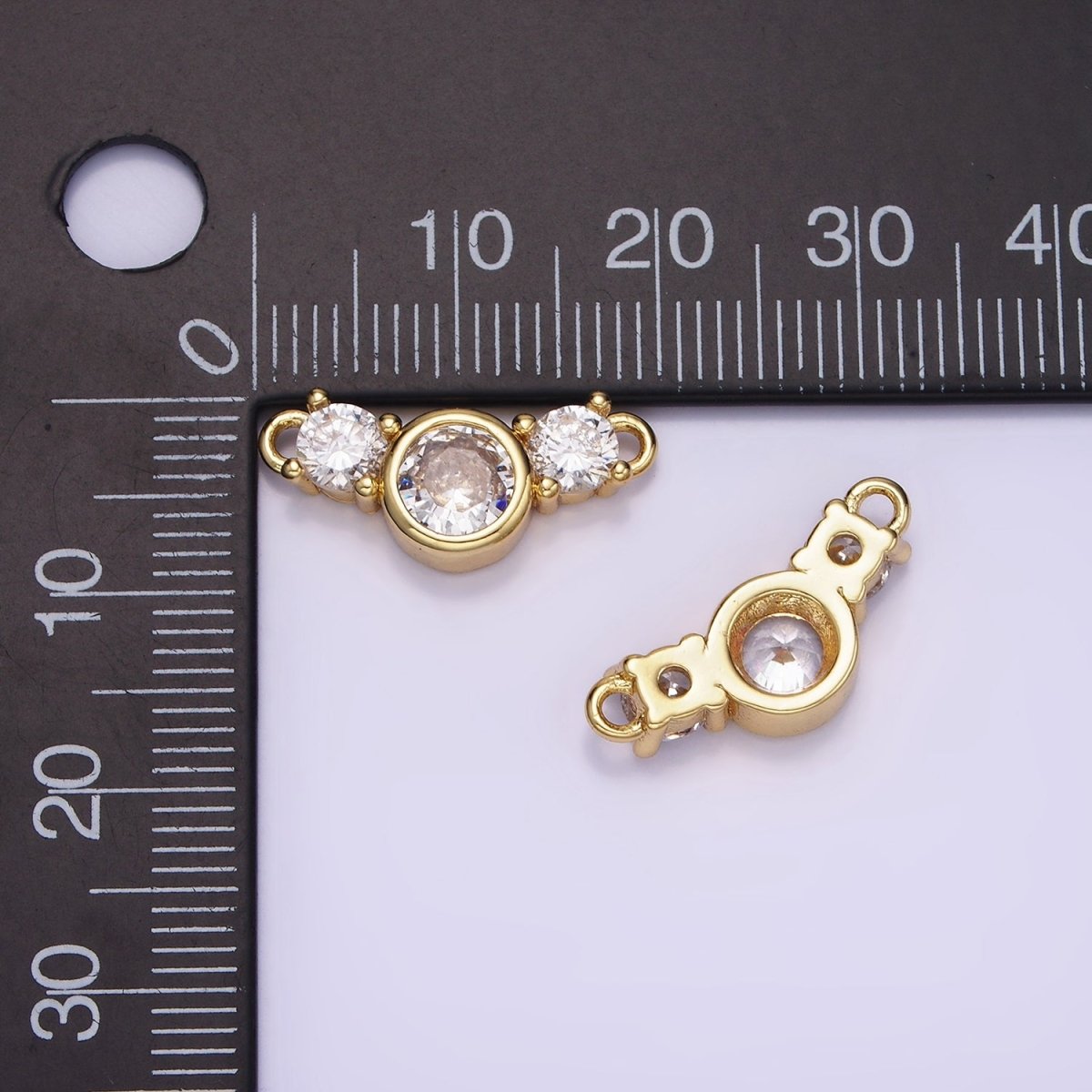 14K Gold plated Triple Clear CZ Round Bezel Connector | G268 - DLUXCA
