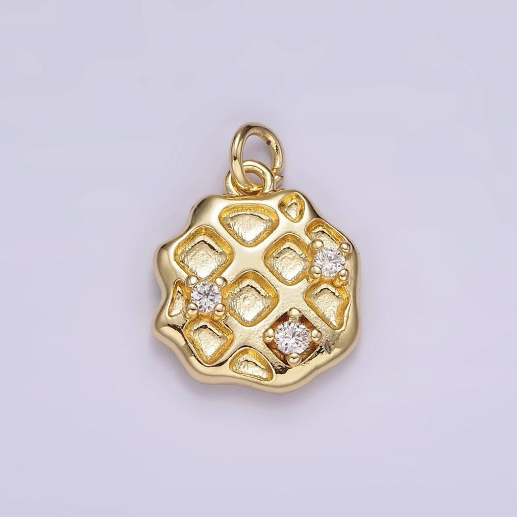 14K Gold plated Triple Clear CZ Waffle Dented Abstract Round Charm | AG504 - DLUXCA