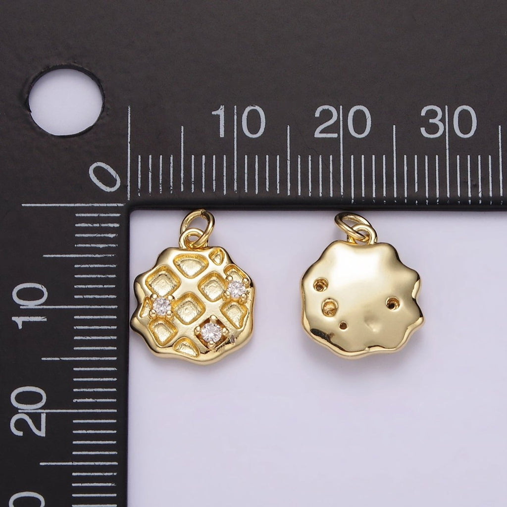 14K Gold plated Triple Clear CZ Waffle Dented Abstract Round Charm | AG504 - DLUXCA
