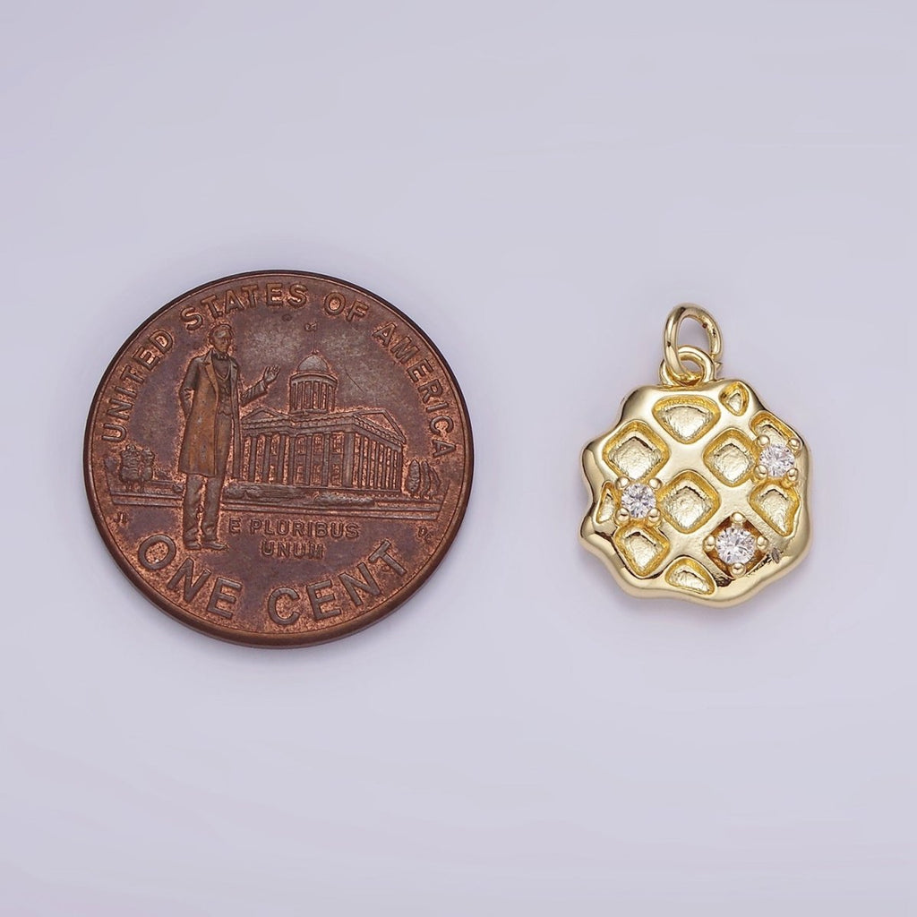 14K Gold plated Triple Clear CZ Waffle Dented Abstract Round Charm | AG504 - DLUXCA