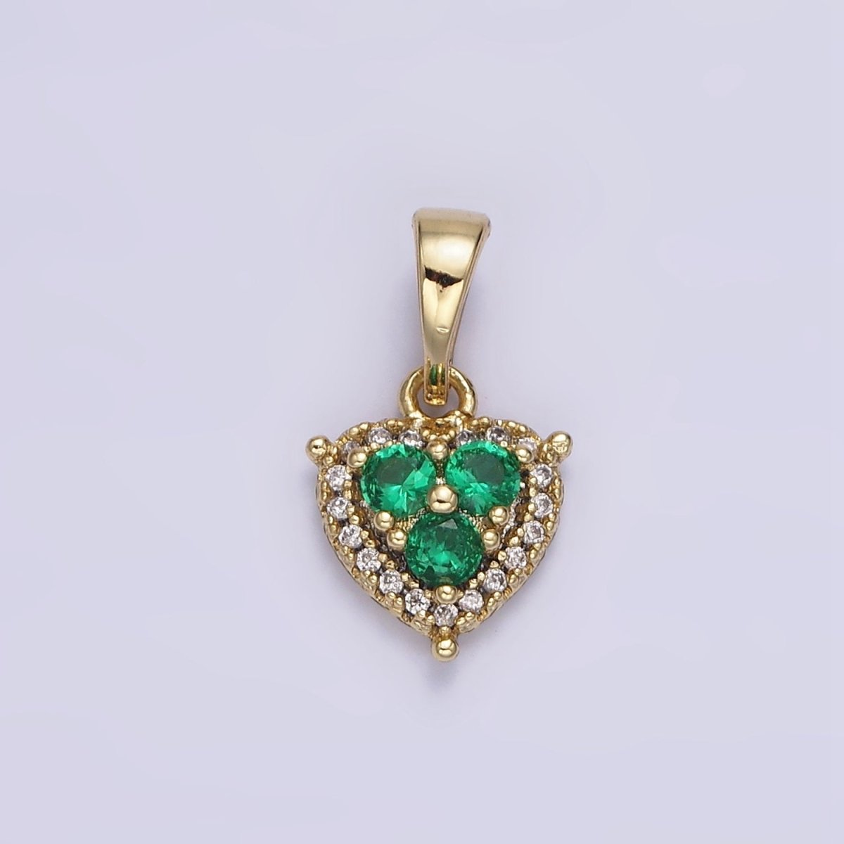 14K Gold plated Triple Green CZ Micro Paved CZ Heart Pendant | AA646 - DLUXCA